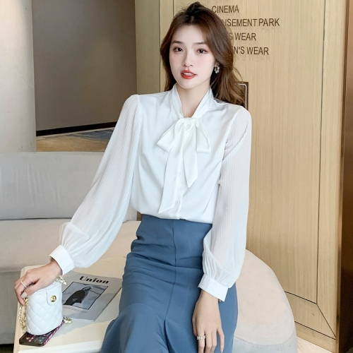 Bow business wear white shirt women's 2021 autumn new ribbon collar long sleeve loose foreign Style Chiffon Top