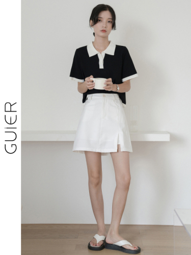 Guier contrast polo shirt women's summer short sweater top French minority thin short sleeve T-shirt women