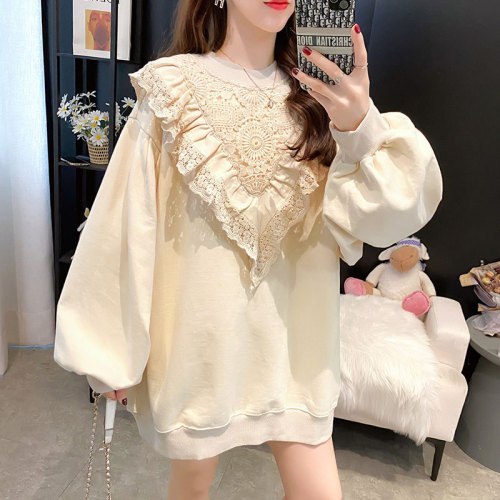 Real shooting cotton large size women's clothing spring and autumn thin long sleeve sweater women's Korean loose design top lace splicing