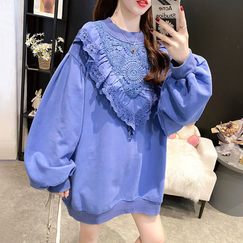 Real shooting cotton large size women's clothing spring and autumn thin long sleeve sweater women's Korean loose design top lace splicing