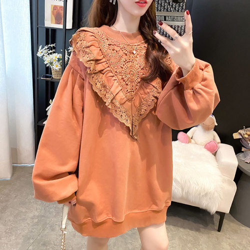 Real shooting cotton large size women's clothing spring and autumn thin long sleeve sweater women's Korean loose design top lace splicing