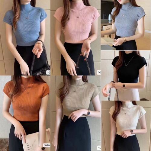  spring and autumn new slim knit short sleeved top women's Pullover Sweater with short tight bottomed shirt