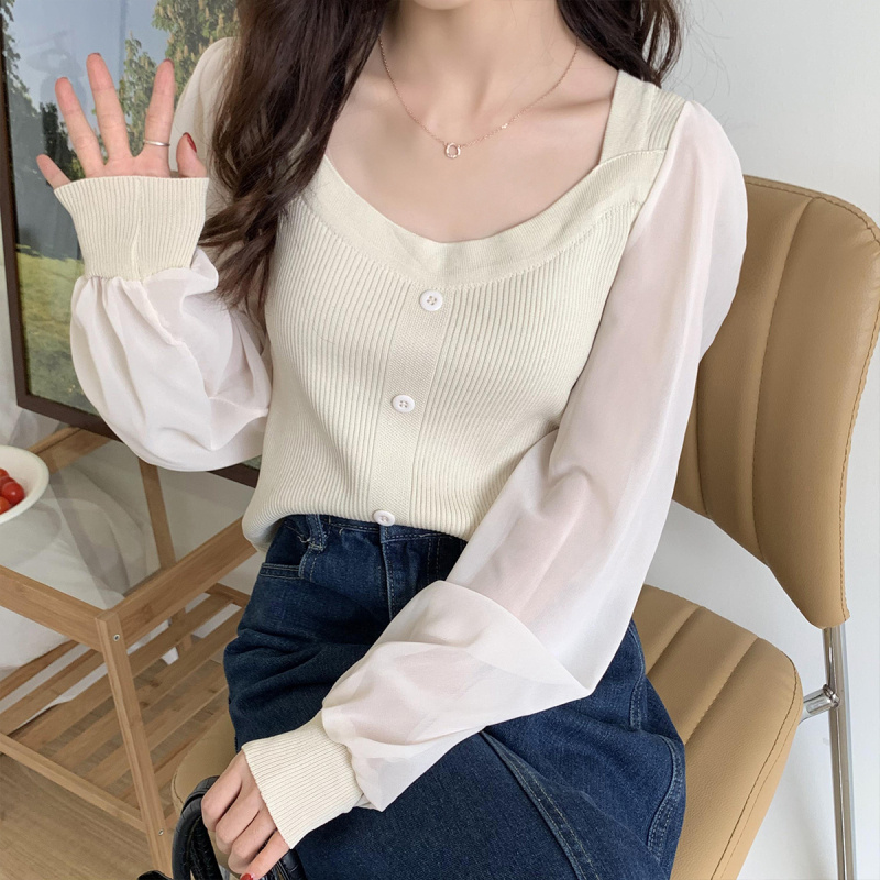 Real shooting and real price new Korean version bubble sleeve square neck thin Pullover splicing Knitted Top