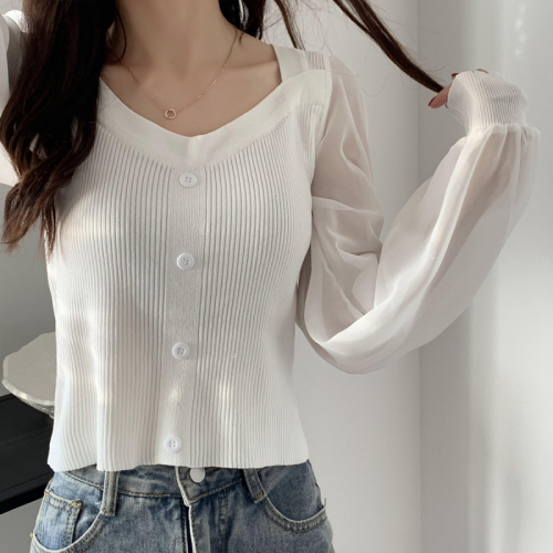Real shooting and real price new Korean version bubble sleeve square neck thin Pullover splicing Knitted Top