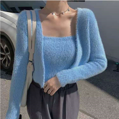 Soft waxy knitted cardigan two piece set women's spring and autumn plush short suspender Vest Set