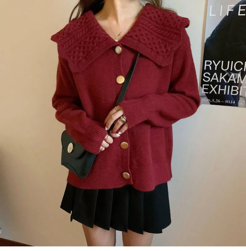 2021 autumn new women's dress doll neck long sleeve top coat versatile wear knitted cardigan sweet college style