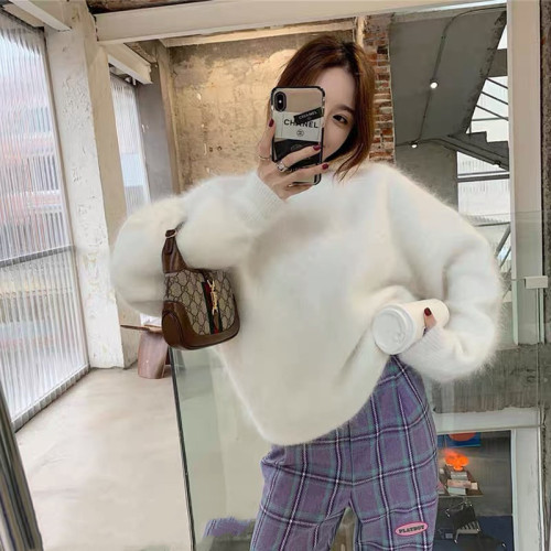 2021 new style outer wearing gentle style college lazy style imitation mink wool two-color sweater for women
