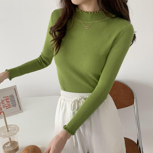 Real shooting autumn and winter half high neck sweater female slim tight wood ear edge wool sweater elastic large knitted bottoming shirt