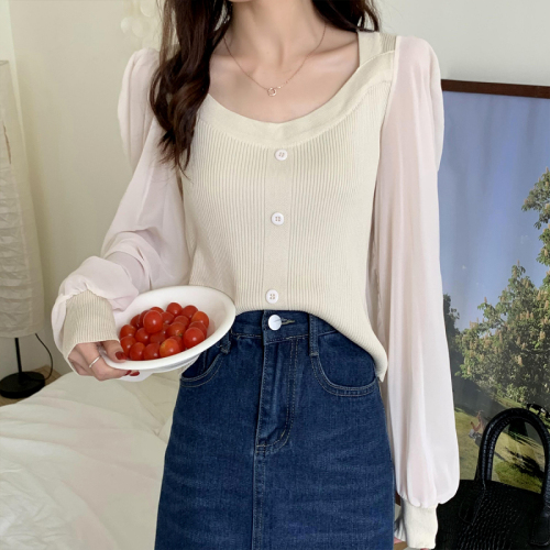 Real shooting and real price new Korean version bubble sleeve square neck thin Pullover splicing Knitted Top