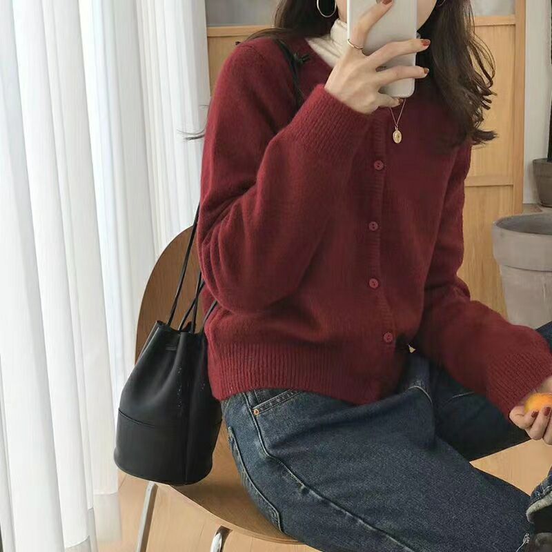 Raccoon hair autumn 2020 new round neck purple short knitted small cardigan loose outer sweater jacket woman