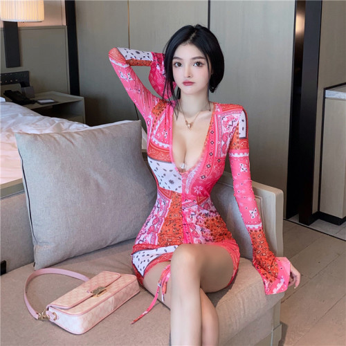 Real print floral long sleeve trumpet sleeve new deep V neck open chest pleated tight slim wrap hip dress