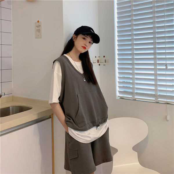 Real shooting Korean V-neck drawstring vest vest + casual 5-point Shorts Set