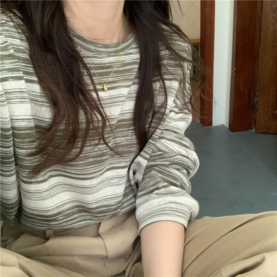 Striped long sleeve T-shirt women's spring and autumn 2021 new design sense of minority loose clothes