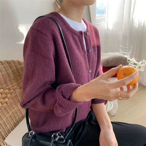 Raccoon hair autumn 2020 new round neck purple short knitted small cardigan loose outer sweater jacket woman