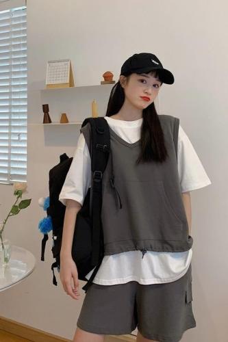 Real shooting Korean V-neck drawstring vest vest + casual 5-point Shorts Set