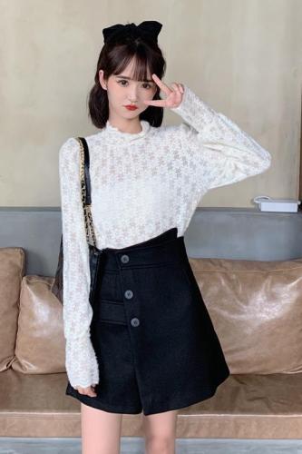 Real shooting autumn dress large size fat mm hollow frosted thickened lace shirt + tweed Skirt Set