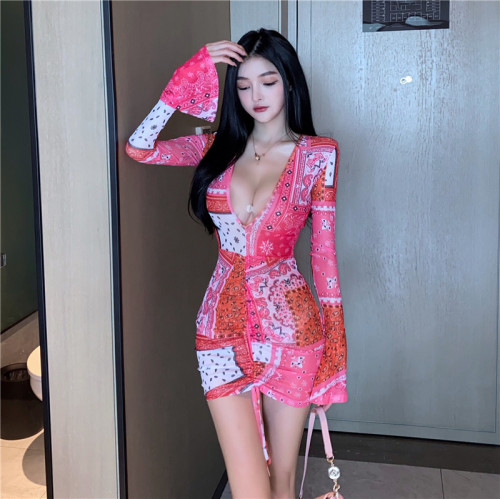 Real print floral long sleeve trumpet sleeve new deep V neck open chest pleated tight slim wrap hip dress