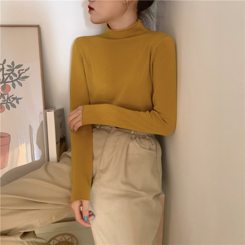 Real price core spun yarn personalized crimped sweater half high collar Pullover bottomed blouse female