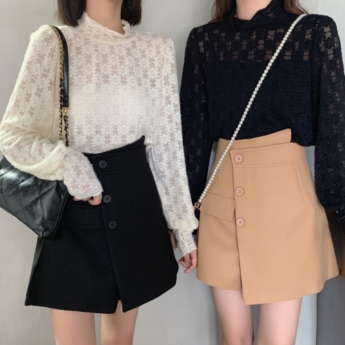Real shooting autumn dress large size fat mm hollow frosted thickened lace shirt + tweed Skirt Set
