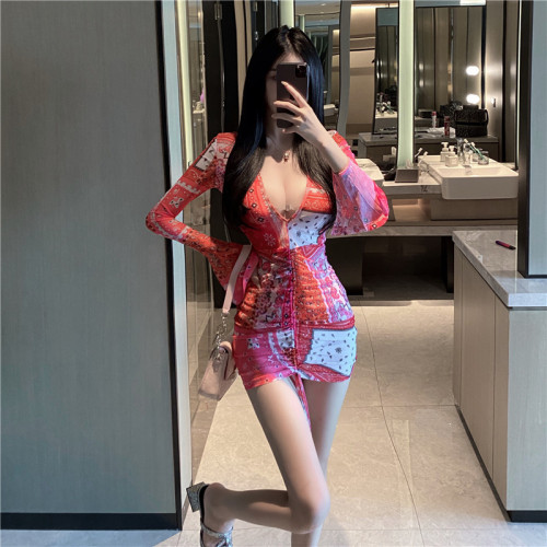 Real print floral long sleeve trumpet sleeve new deep V neck open chest pleated tight slim wrap hip dress