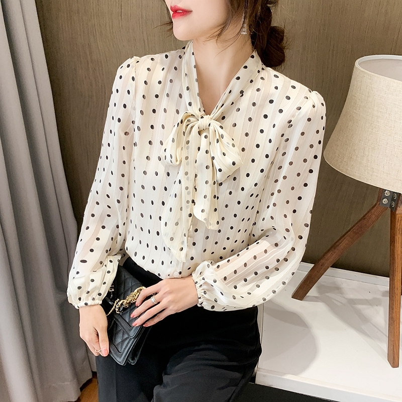 2021 Autumn New Retro wave point bow tie tie shirt women's foreign style small shirt long sleeve loose Chiffon Top