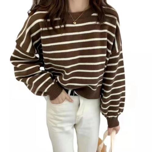 Korea 2021 autumn new style foreign style versatile loose striped sweater sweater top