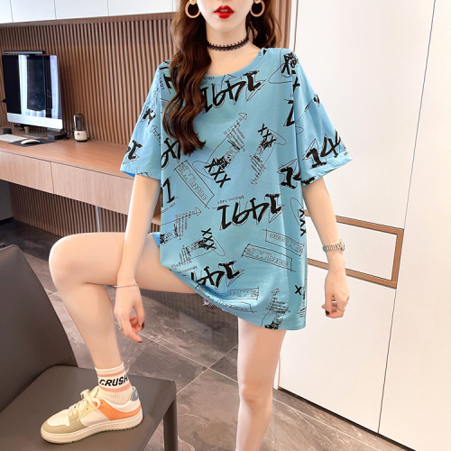 Real shooting summer dress Korean loose print letter large women's dress medium and long short sleeve T-shirt women's dress