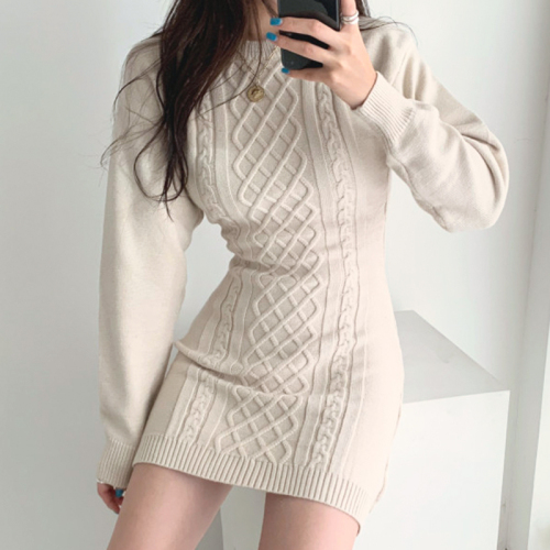 Korean ins autumn and winter temperament round neck rhombic pattern careful machine backless slim wrap hip knitted dress women