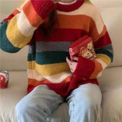 Rainbow Stripe Vintage knitted sweater autumn winter Vest Jacket Pullover loose lazy wind round neck top