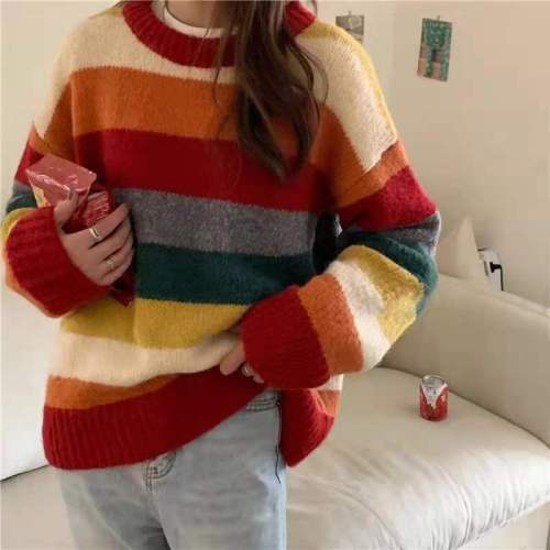 Rainbow Stripe Vintage knitted sweater autumn winter Vest Jacket Pullover loose lazy wind round neck top