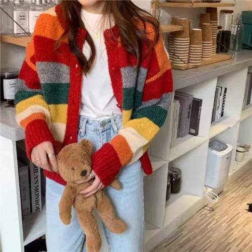 Rainbow Stripe Vintage knitted sweater autumn winter Vest Jacket Pullover loose lazy wind round neck top