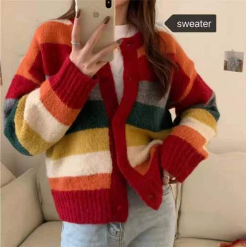 Rainbow Stripe Vintage knitted sweater autumn winter Vest Jacket Pullover loose lazy wind round neck top