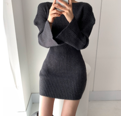 Korean autumn and winter new lantern long sleeve waist neckline versatile twist small knitted sweater dress