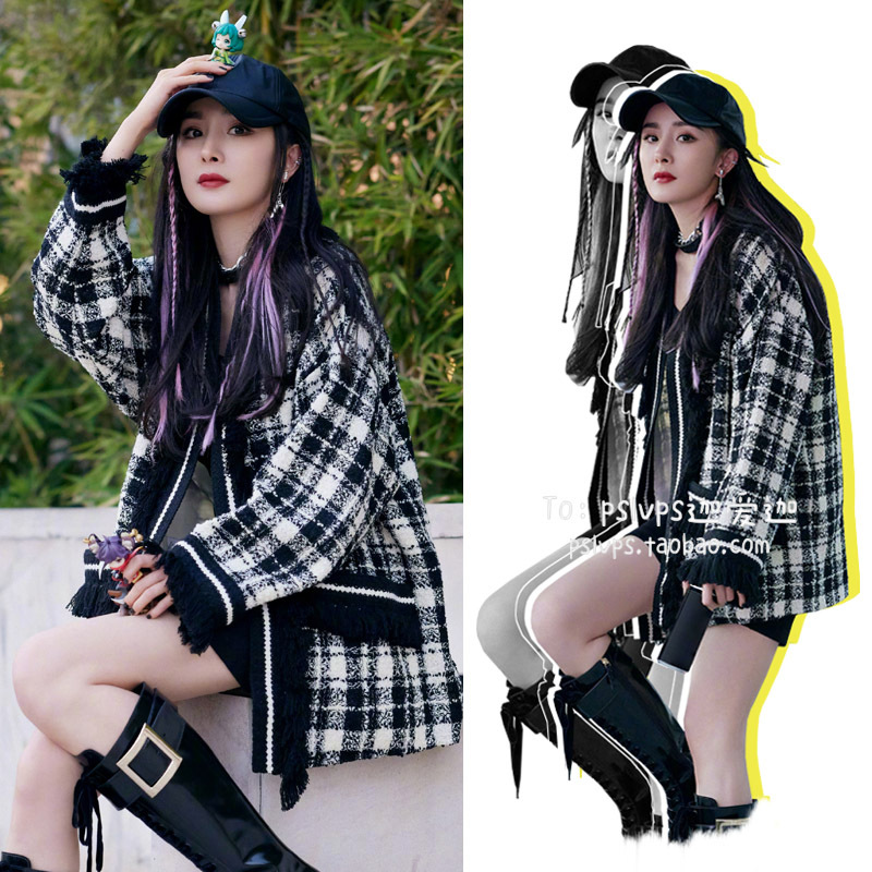 Black and white plaid thick knitted small fragrance coat medium and long style with cardigan and tassel blouse for women