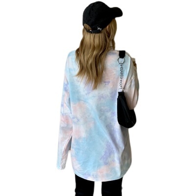 2021 new spring and autumn loose lazy medium length top tie dye gradient long sleeve T-shirt women