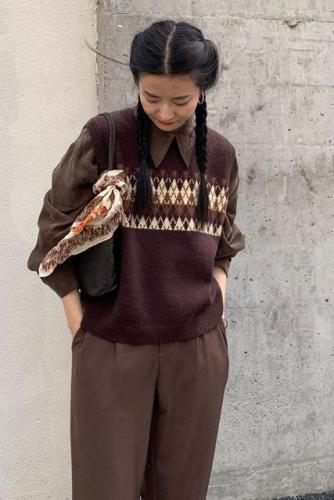 Autumn new loose knit vest women's Korean round neck Pullover contrast diamond sweater