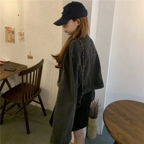 Real shot - autumn new long sleeved Denim Short loose large women's fat mm Korean jacket