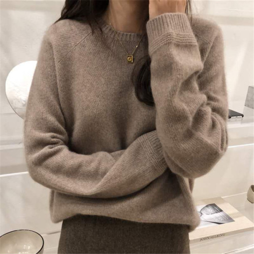 2021 autumn and winter new loose version round neck women's sweater women's wool knitted off shoulder temperament wearing thickened bottomed sweater