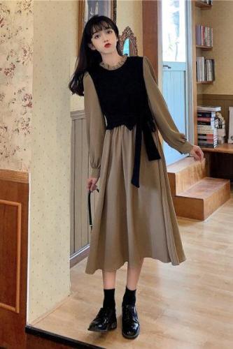 Vintage fake two-piece skirt women's dress medium long sleeve French temperament dress