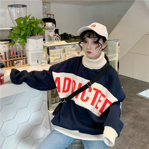 Actual autumn and winter clothes new Korean version long sleeve jacket with high collar and loose wharf overalls and velvet fashion sweaters