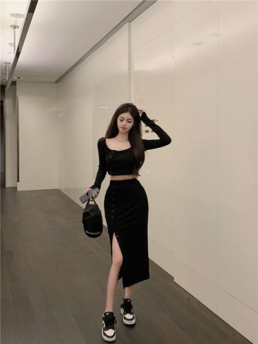 Real shooting, real price split skirt, two-piece suit, new women's summer waist, slim, short long sleeved top, Korean hot girl skirt