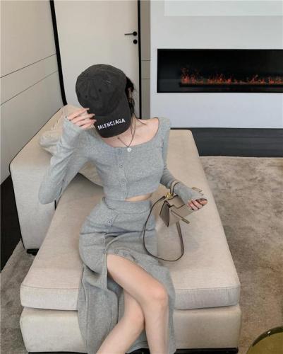 Real shooting, real price split skirt, two-piece suit, new women's summer waist, slim, short long sleeved top, Korean hot girl skirt