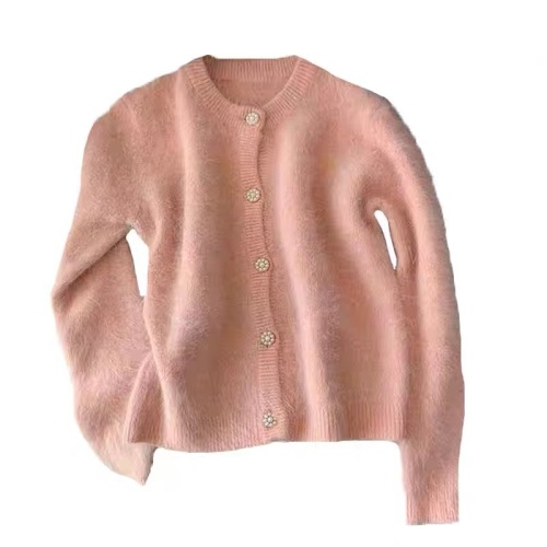 Mink raccoon cream peach pink small fragrance knitted cardigan sweater coat female winter