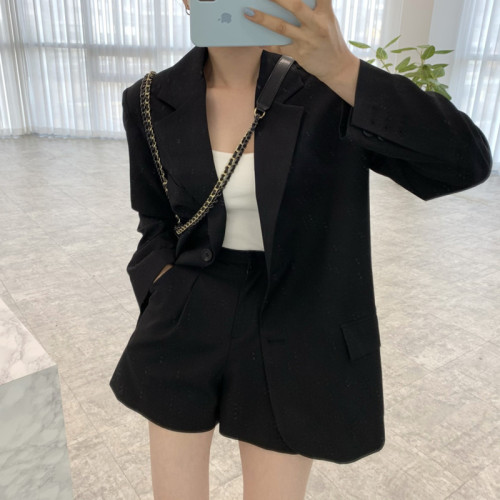 Korean chic design sense of minority long sleeve suit coat + high waist slim shorts suit two-piece set female autumn