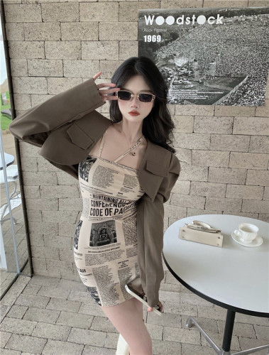 Real price real shot 2021 new bubble sleeve suit coat + printed slim suspender Hip Wrap Skirt