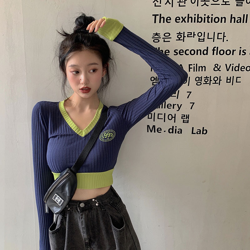 Color contrast V-neck short knitted sweater women's autumn tight long sleeve Pullover bottoming shirt 2021 new inner top