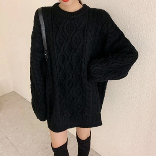 Korean chic 2021 New Retro lazy style loose and thickened outer wearing twist rhombic medium and long women's sweater