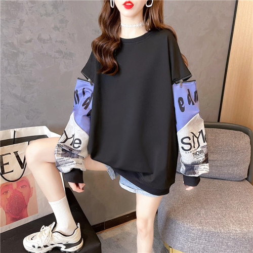 Actual shooting of autumn new Korean version trendy round neck letter printing loose medium and long women's large size women's wear thin women's sweater