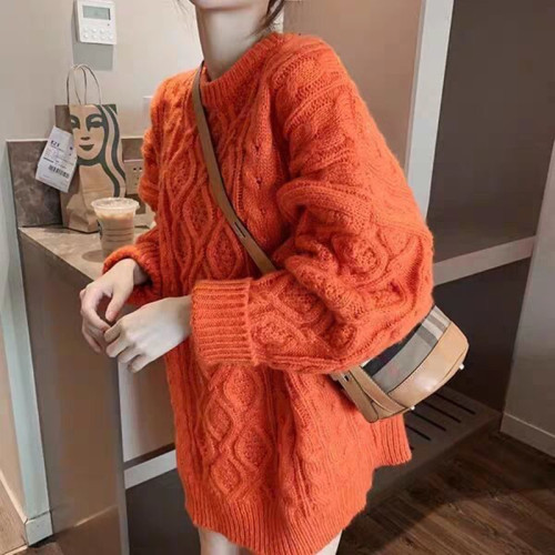 Korean chic 2021 New Retro lazy style loose and thickened outer wearing twist rhombic medium and long women's sweater