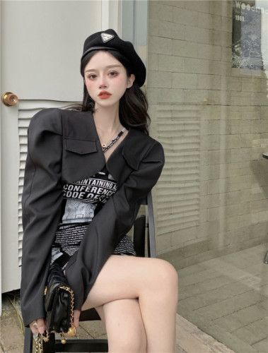Real price real shot 2021 new bubble sleeve suit coat + printed slim suspender Hip Wrap Skirt